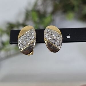 Gold Oval Pave Crystal Clip On Earrings